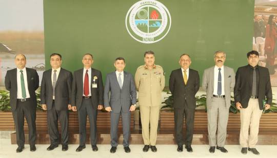 27-02-2024, Islamabad: Chairman NDMA Lt Gen Inam Haider Malik in a Group photo with IG Arms and DG SCO MOFA during their visit to National Emergencies Operation Center at NDMA HQs